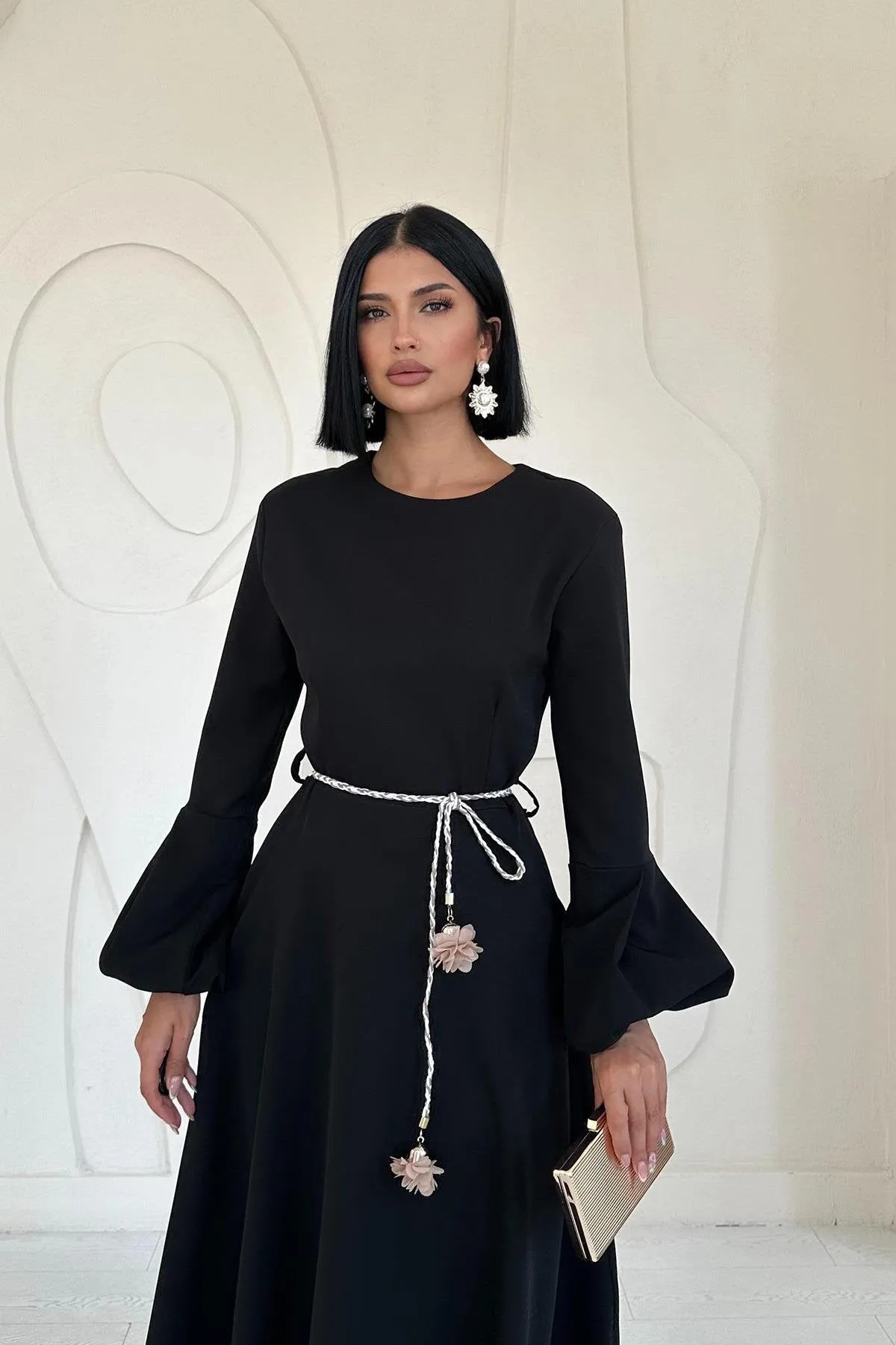 Balloon Sleeve Belted Dress - Black 2*S / 2*M / 2*L
