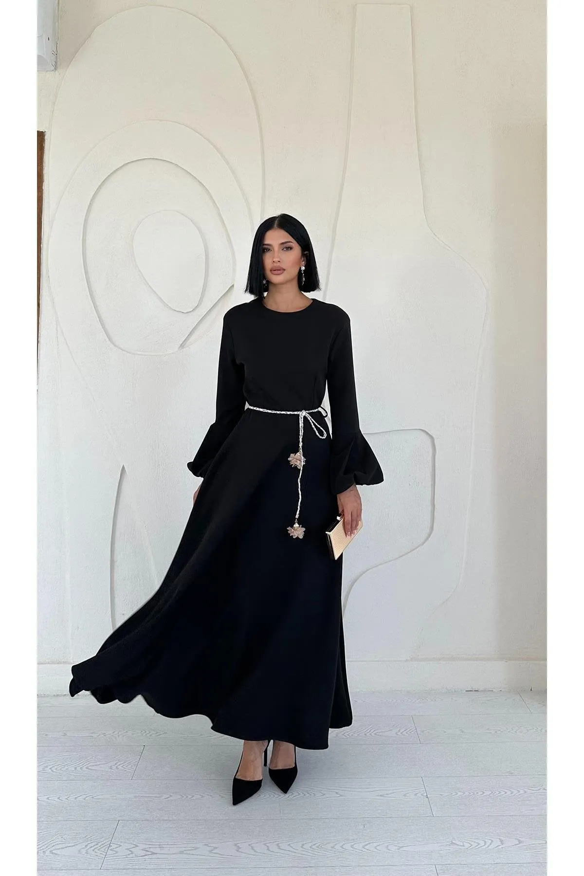 Balloon Sleeve Belted Dress - Black 2*S / 2*M / 2*L