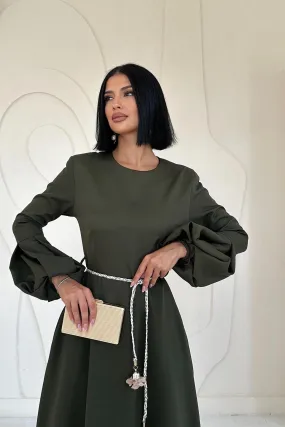 Balloon Sleeve Belted Dress - Khaki 2*S / 2*M / 2*L