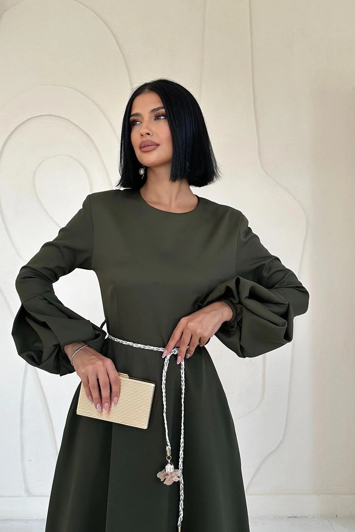 Balloon Sleeve Belted Dress - Khaki 2*S / 2*M / 2*L