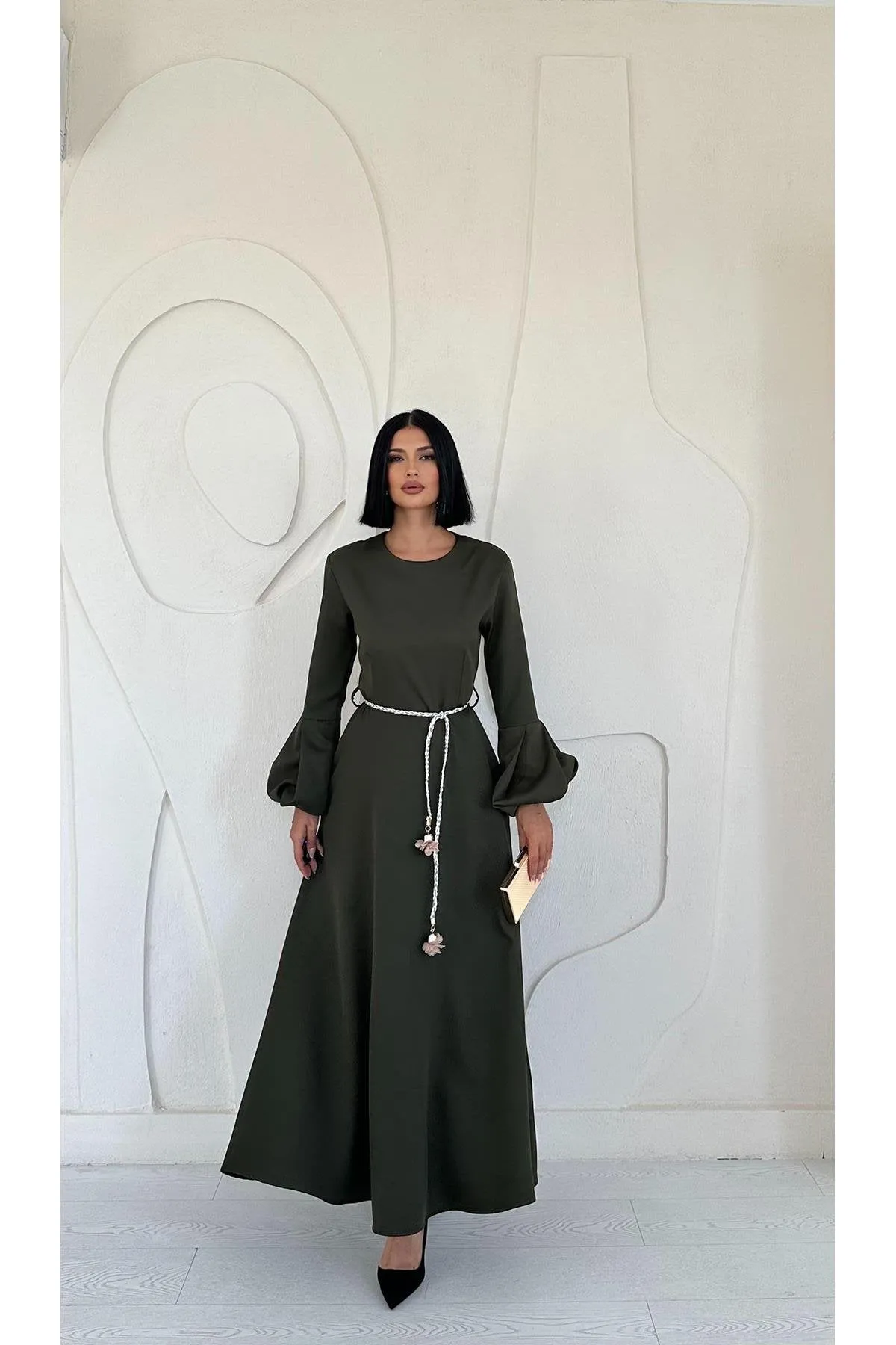Balloon Sleeve Belted Dress - Khaki 2*S / 2*M / 2*L