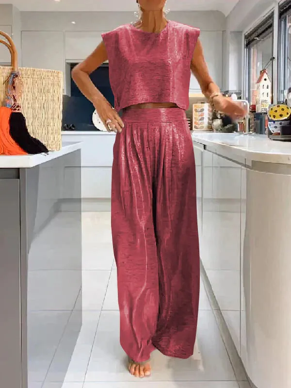 Casual Smooth Vest And Wide Leg Pants Two-Piece Suit