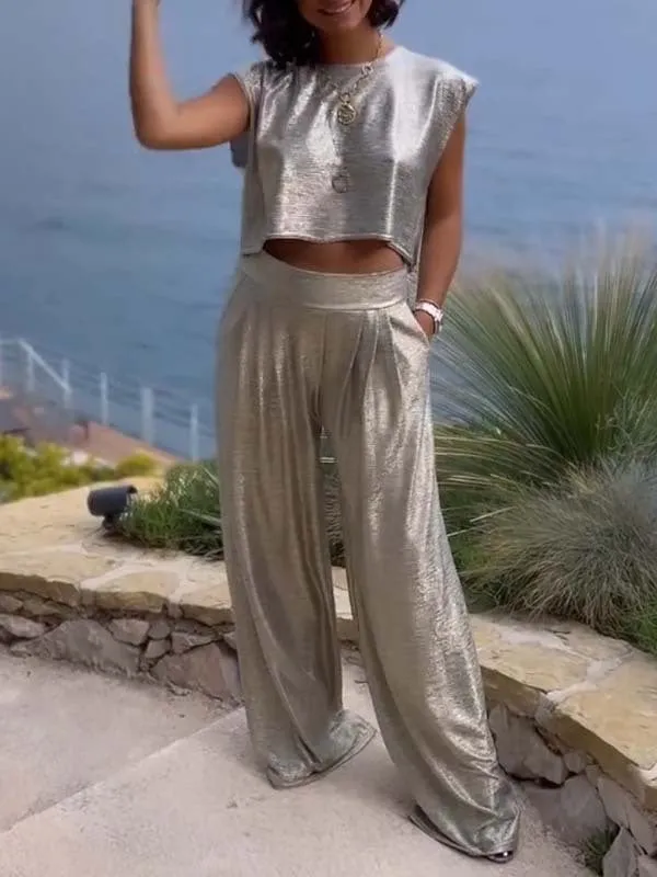 Casual Smooth Vest And Wide Leg Pants Two-Piece Suit