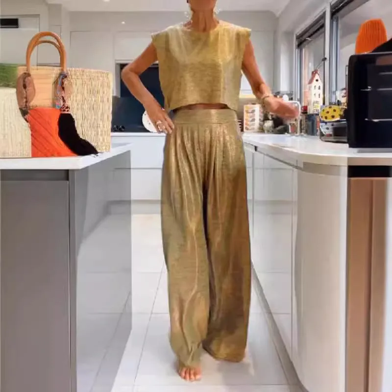 Casual Smooth Vest And Wide Leg Pants Two-Piece Suit