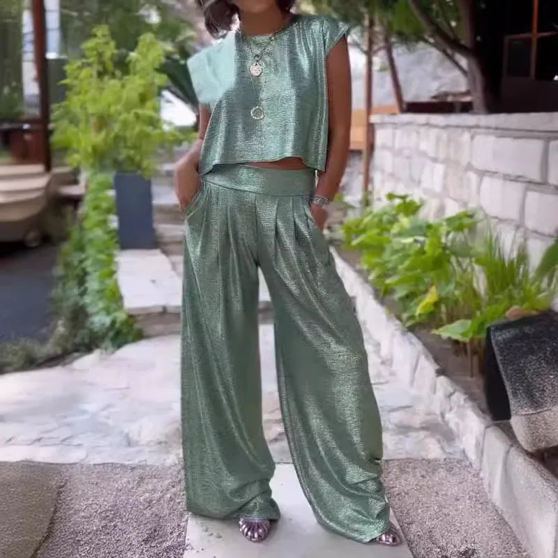Casual Smooth Vest And Wide Leg Pants Two-Piece Suit