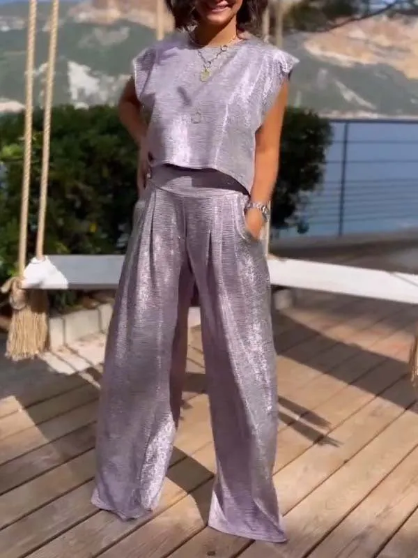 Casual Smooth Vest And Wide Leg Pants Two-Piece Suit