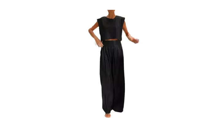 Casual Smooth Vest And Wide Leg Pants Two-Piece Suit