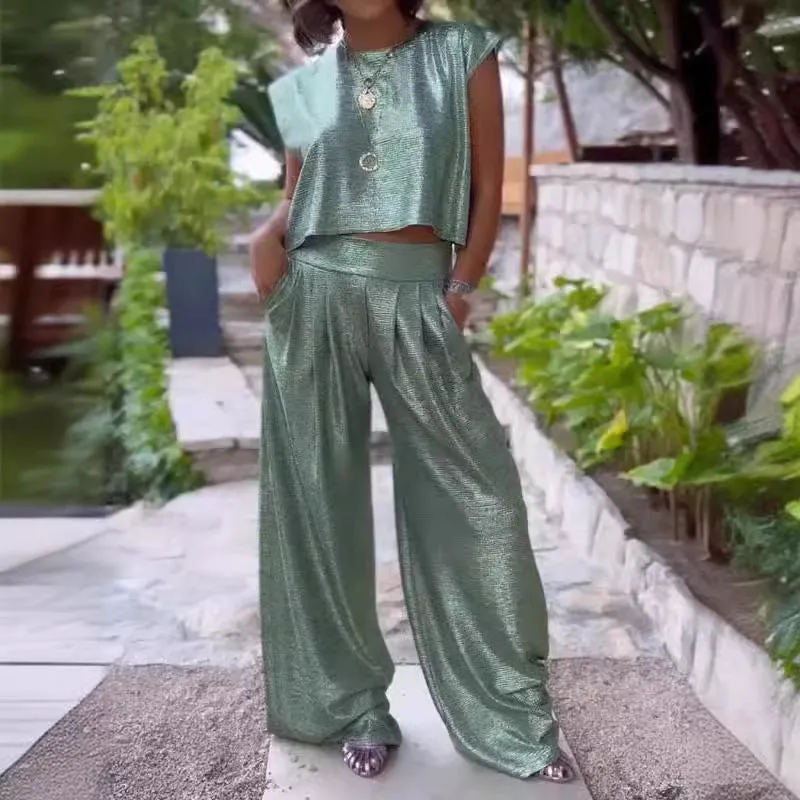 Casual Smooth Vest And Wide Leg Pants Two-Piece Suit