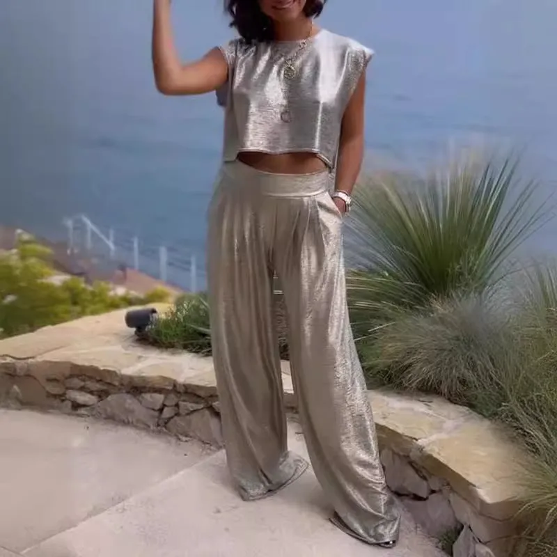 Casual Smooth Vest And Wide Leg Pants Two-Piece Suit
