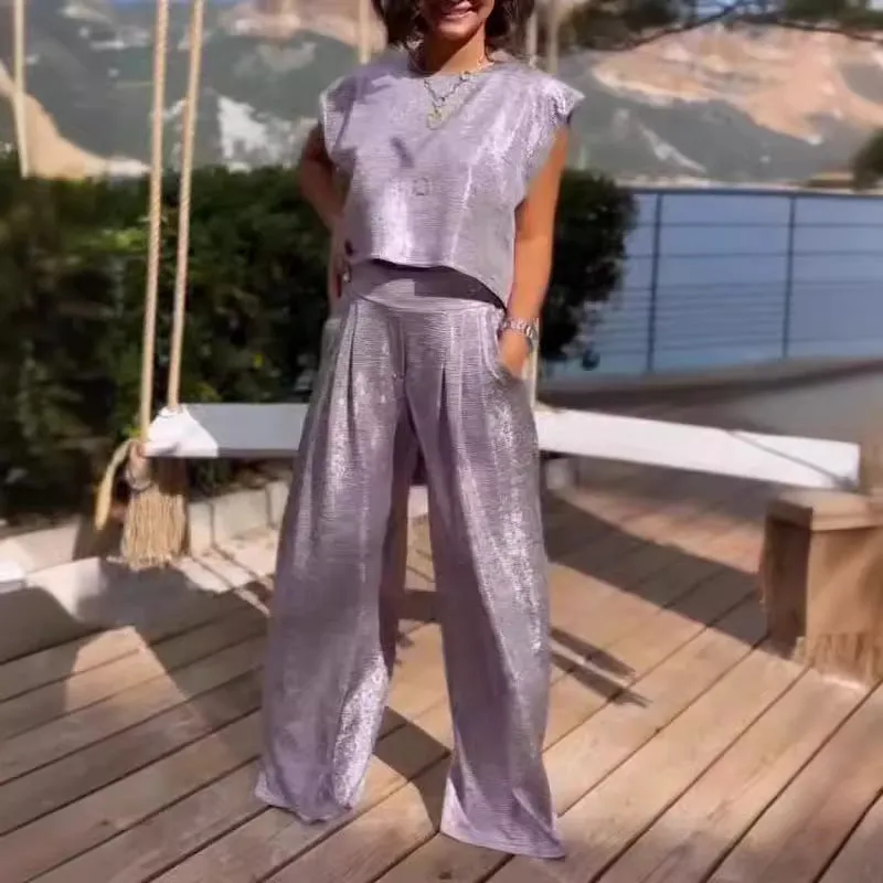 Casual Smooth Vest And Wide Leg Pants Two-Piece Suit