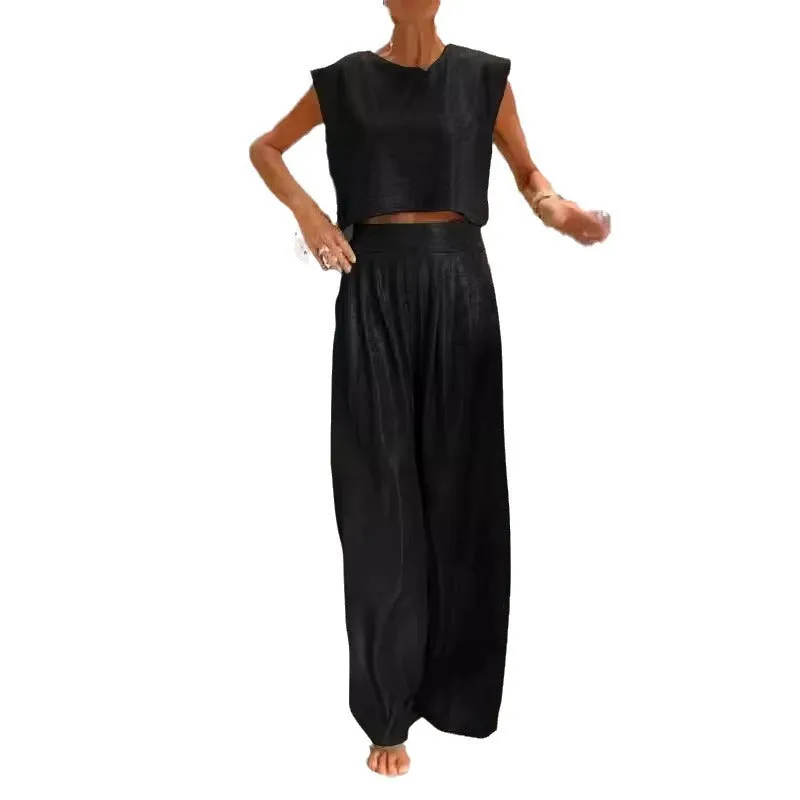 Casual Smooth Vest And Wide Leg Pants Two-Piece Suit