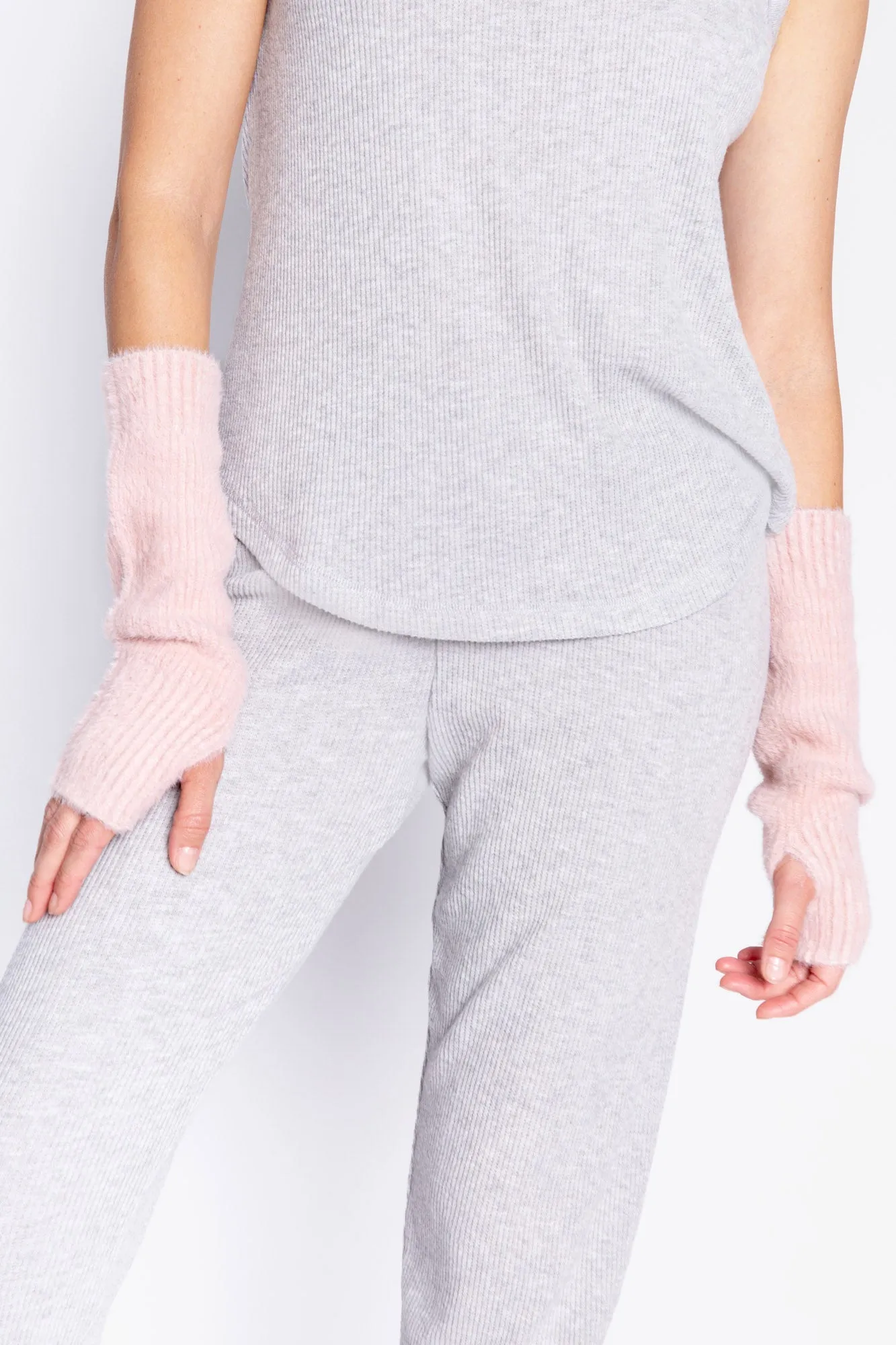 Feather Knit Arm Warmers in Pink Clay