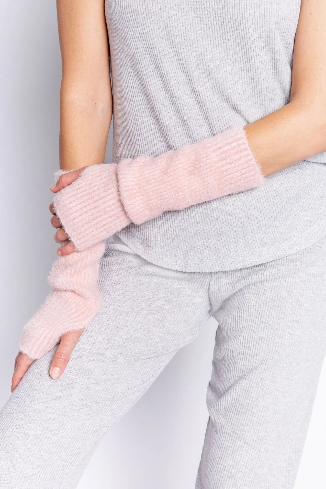 Feather Knit Arm Warmers in Pink Clay