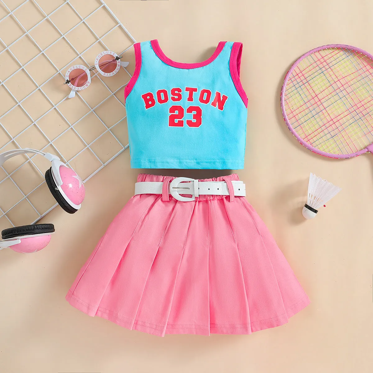 Girls' Summer Contrast Colour Letter Vest & Denim Skirt Two-Piece Set