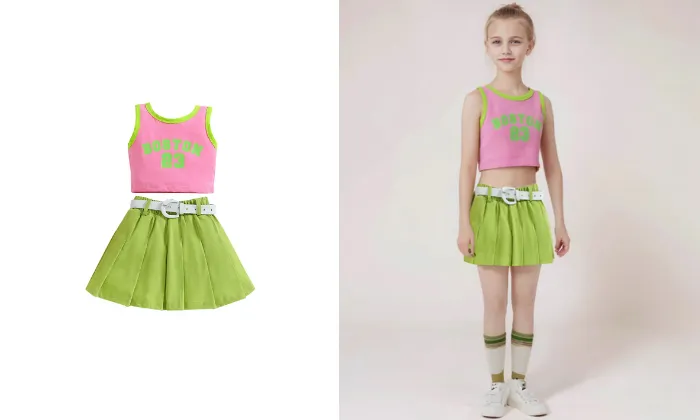 Girls' Summer Contrast Colour Letter Vest & Denim Skirt Two-Piece Set