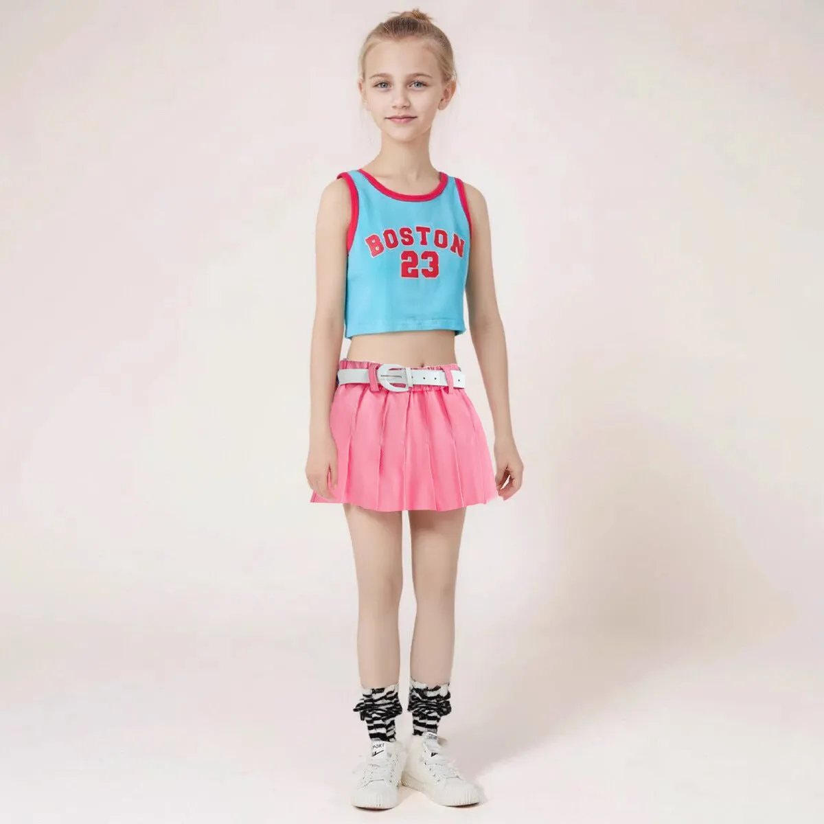 Girls' Summer Contrast Colour Letter Vest & Denim Skirt Two-Piece Set