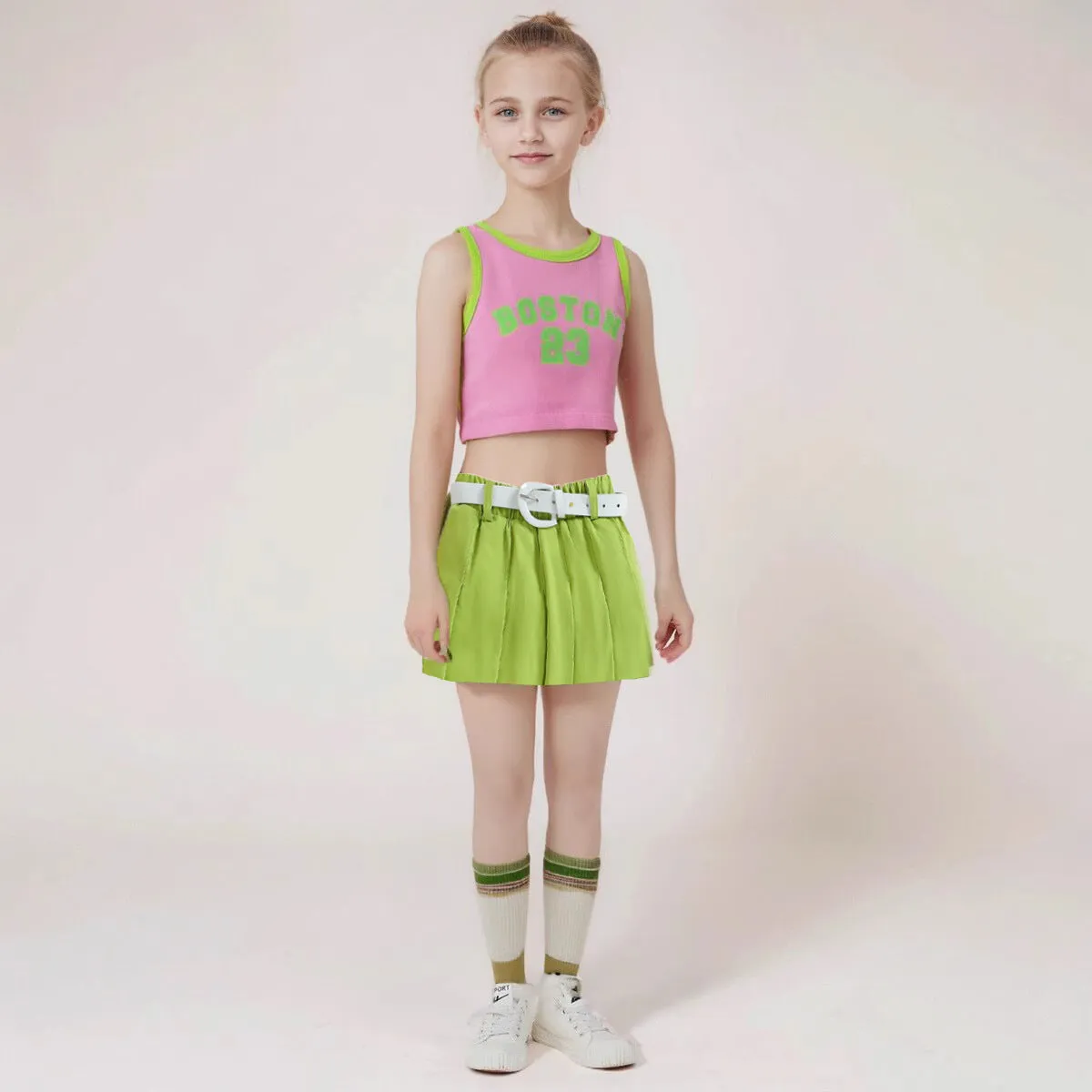 Girls' Summer Contrast Colour Letter Vest & Denim Skirt Two-Piece Set