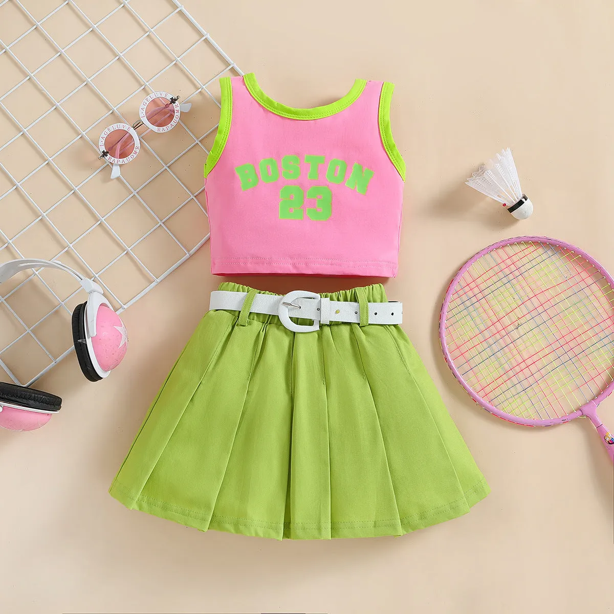 Girls' Summer Contrast Colour Letter Vest & Denim Skirt Two-Piece Set