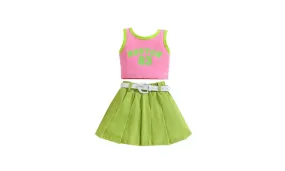 Girls' Summer Contrast Colour Letter Vest & Denim Skirt Two-Piece Set