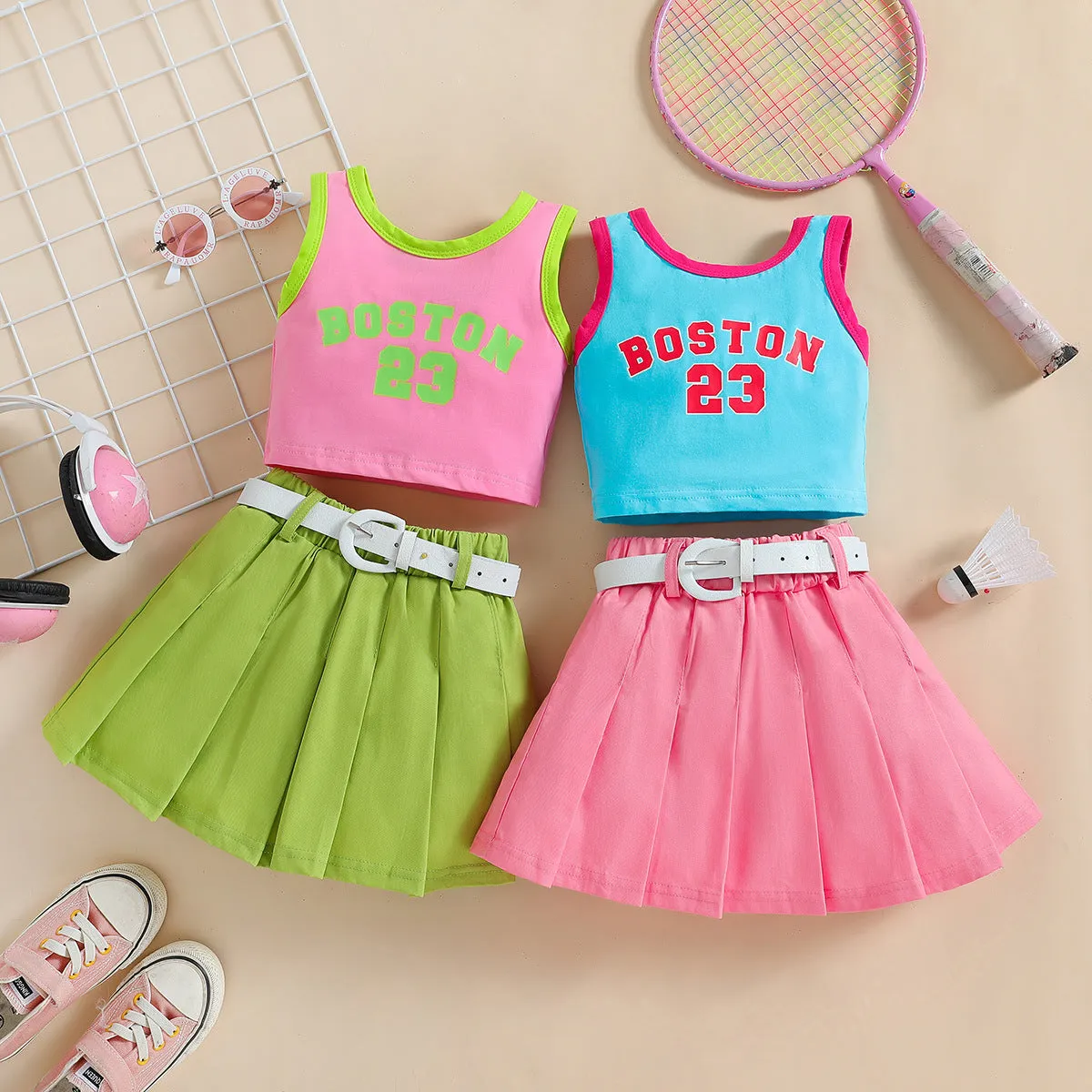 Girls' Summer Contrast Colour Letter Vest & Denim Skirt Two-Piece Set