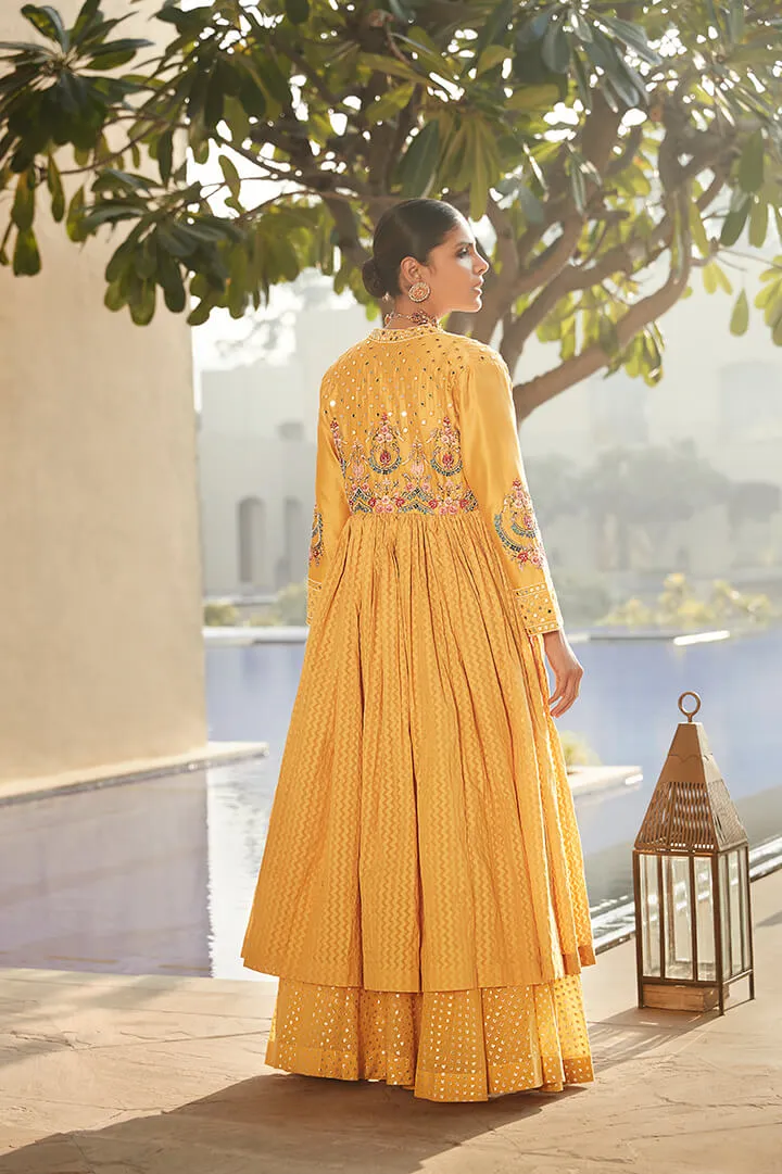 Haldi Yellow Venetian Tripitaka Lehenga Set