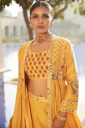 Haldi Yellow Venetian Tripitaka Lehenga Set