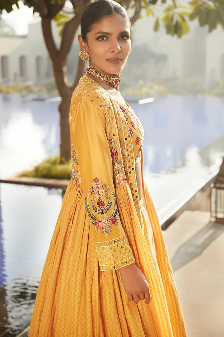 Haldi Yellow Venetian Tripitaka Lehenga Set