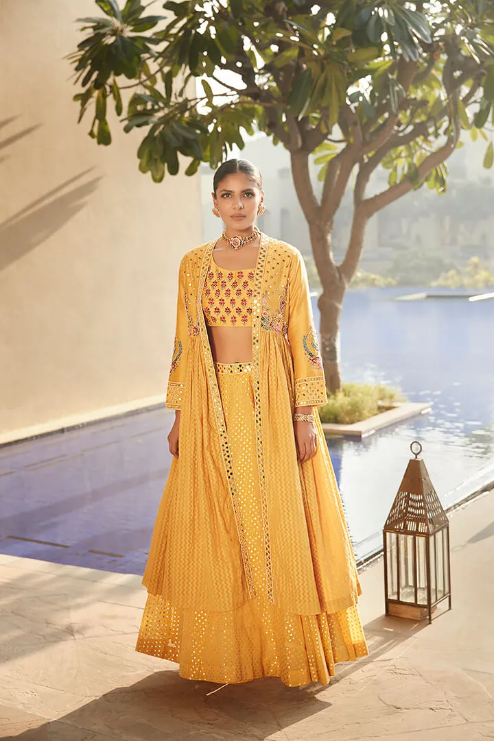 Haldi Yellow Venetian Tripitaka Lehenga Set