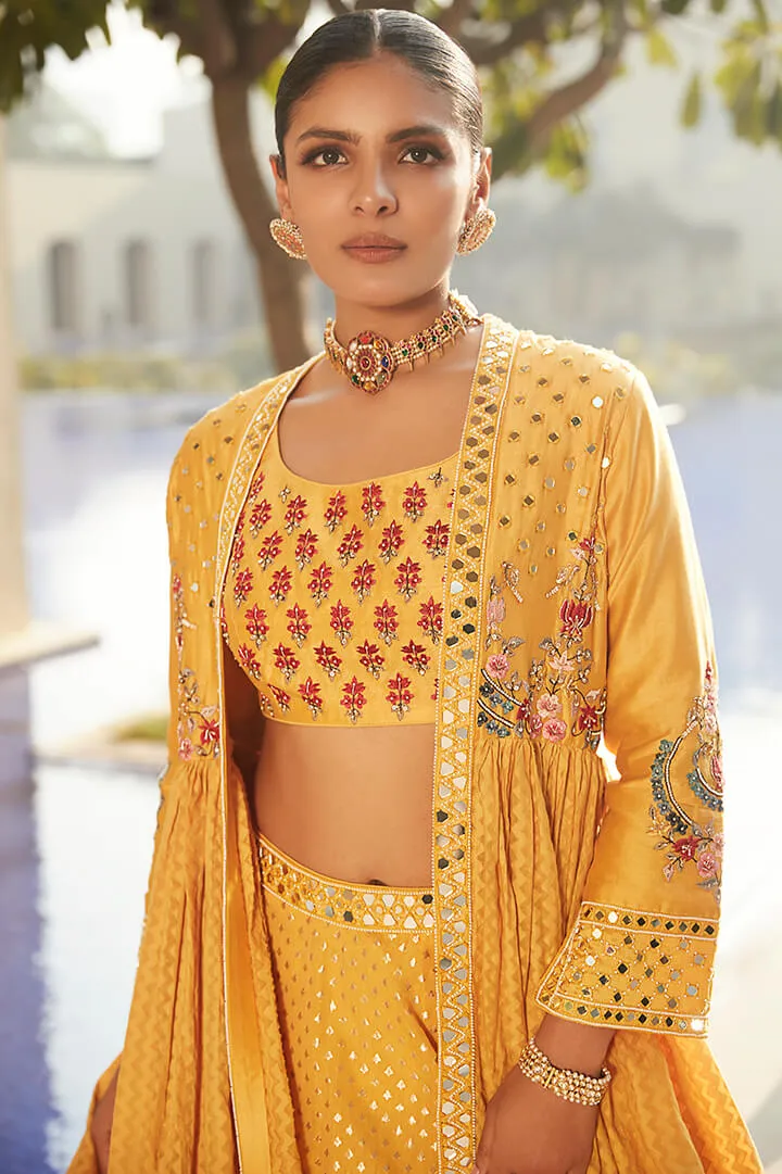 Haldi Yellow Venetian Tripitaka Lehenga Set