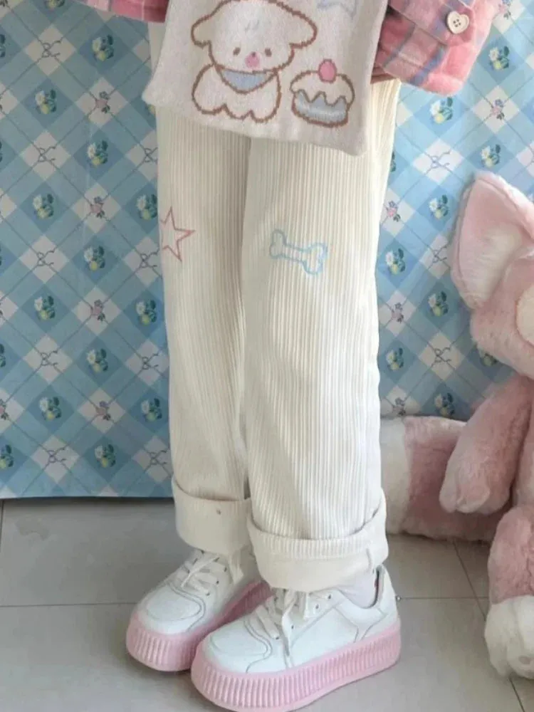 Harajuku Corduroy Pants Women Sweet Cute Wide Leg Pants