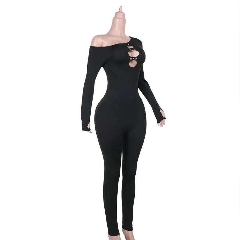 Irregular long sleeve hollow out gloves jumpsuit