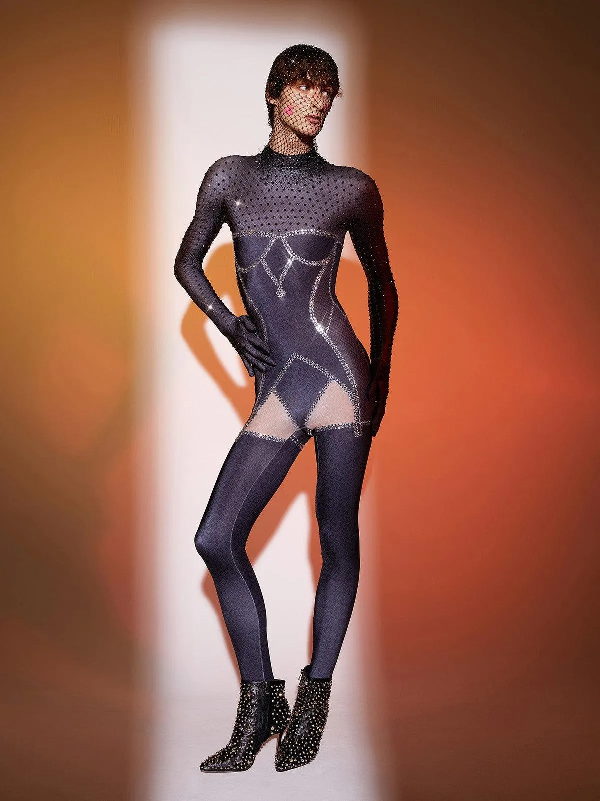 Isaias Body Printed Rhinestone Gloves Jumpsuit