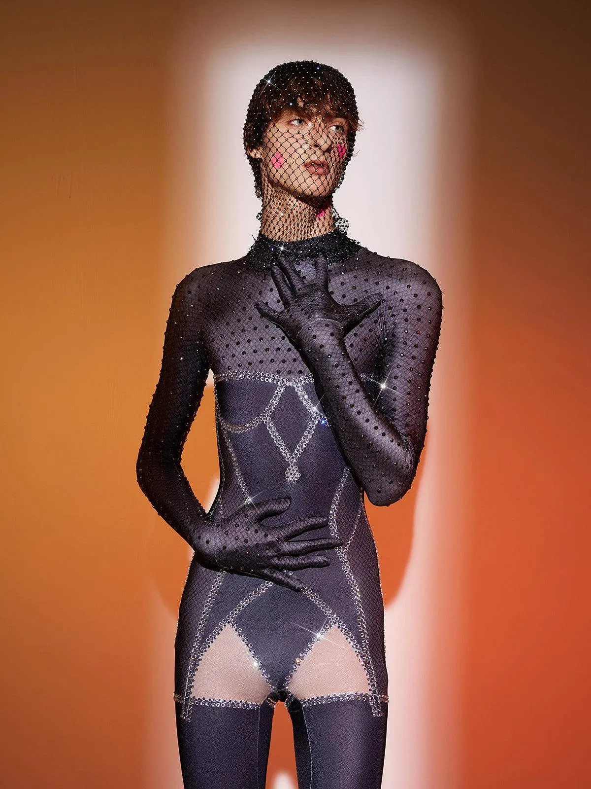 Isaias Body Printed Rhinestone Gloves Jumpsuit