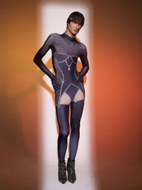 Isaias Body Printed Rhinestone Gloves Jumpsuit