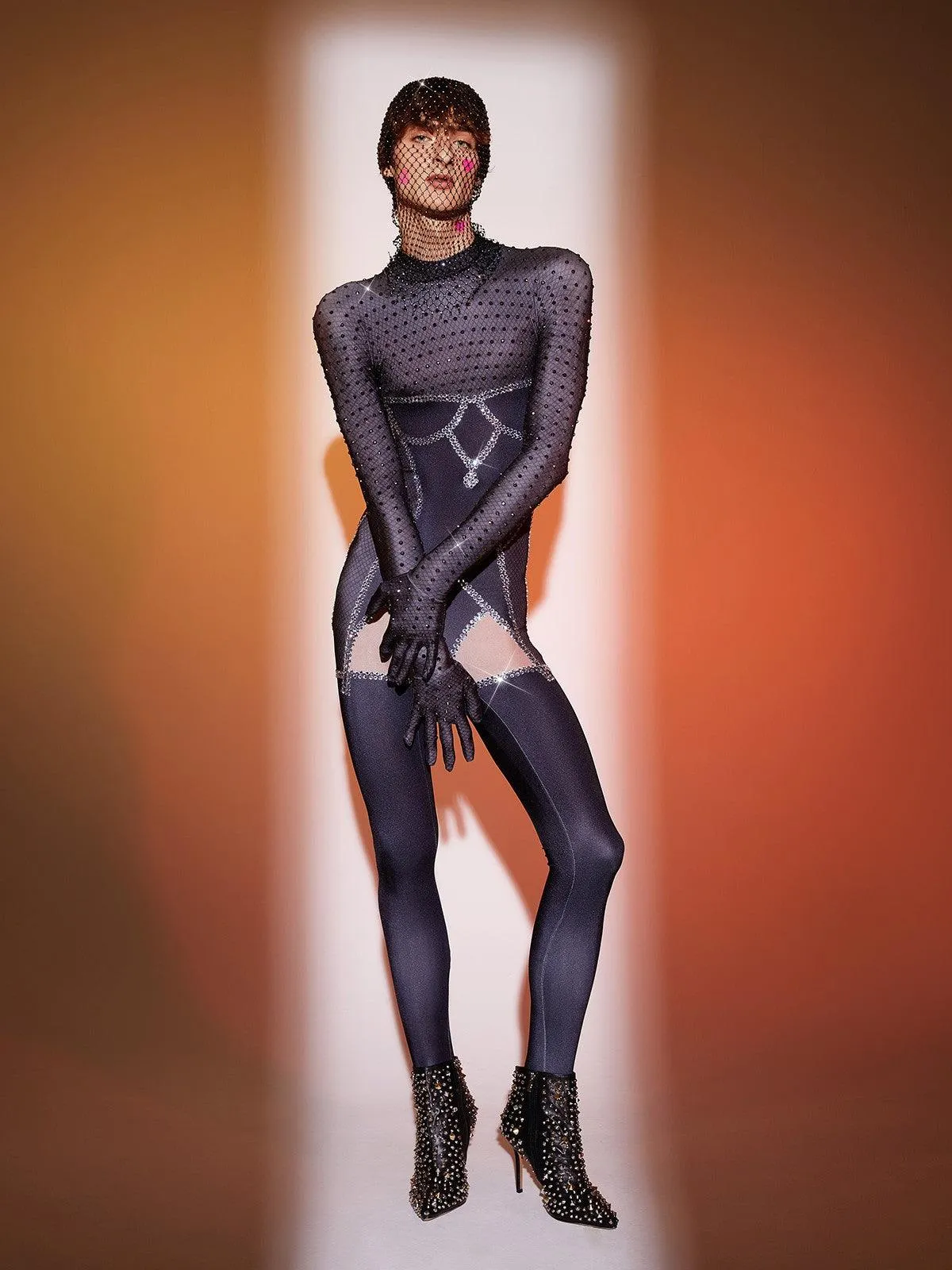 Isaias Body Printed Rhinestone Gloves Jumpsuit