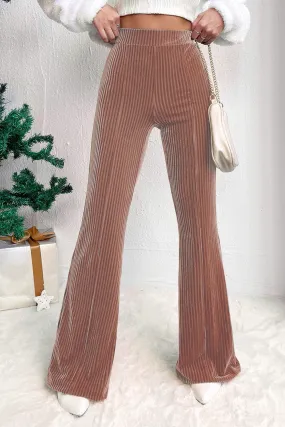 Khaki Solid High Waist Flare Corduroy Pant