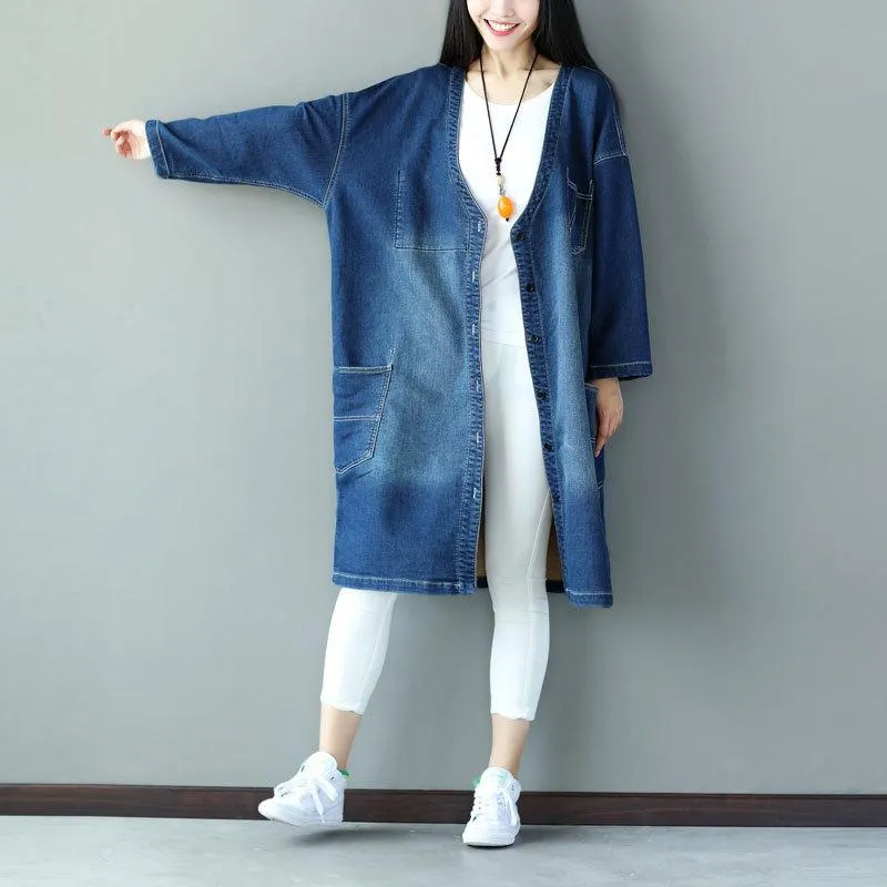 Long Denim Jacket with Pockets