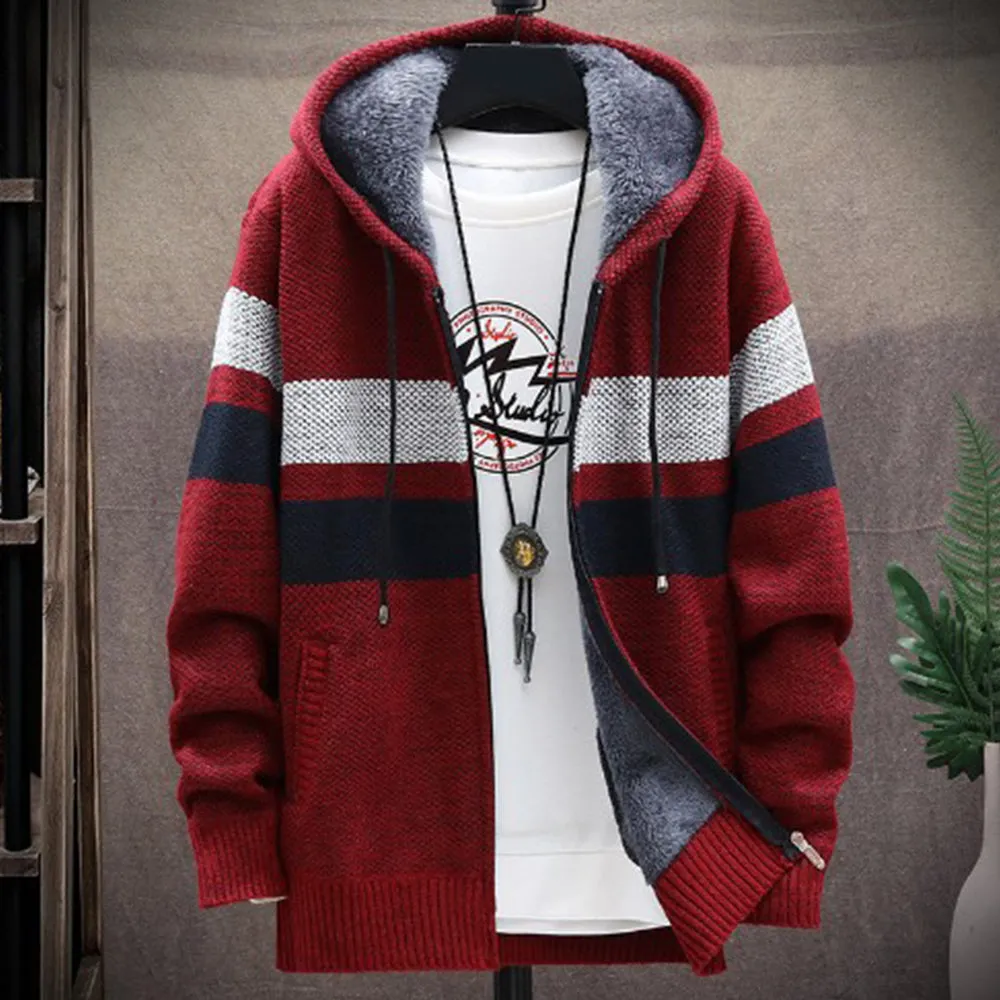 Men's Fleece Thickened Hooded Knitted Sweater Zip Up Cardigan