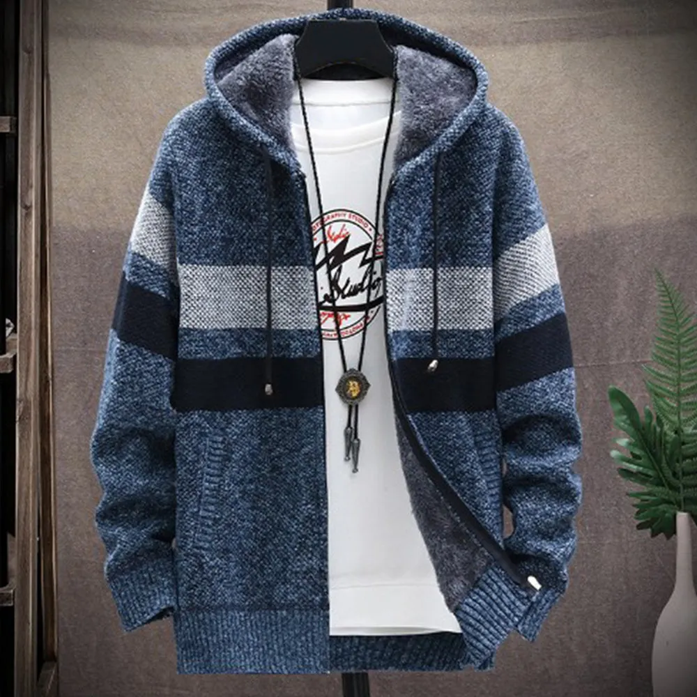 Men's Fleece Thickened Hooded Knitted Sweater Zip Up Cardigan