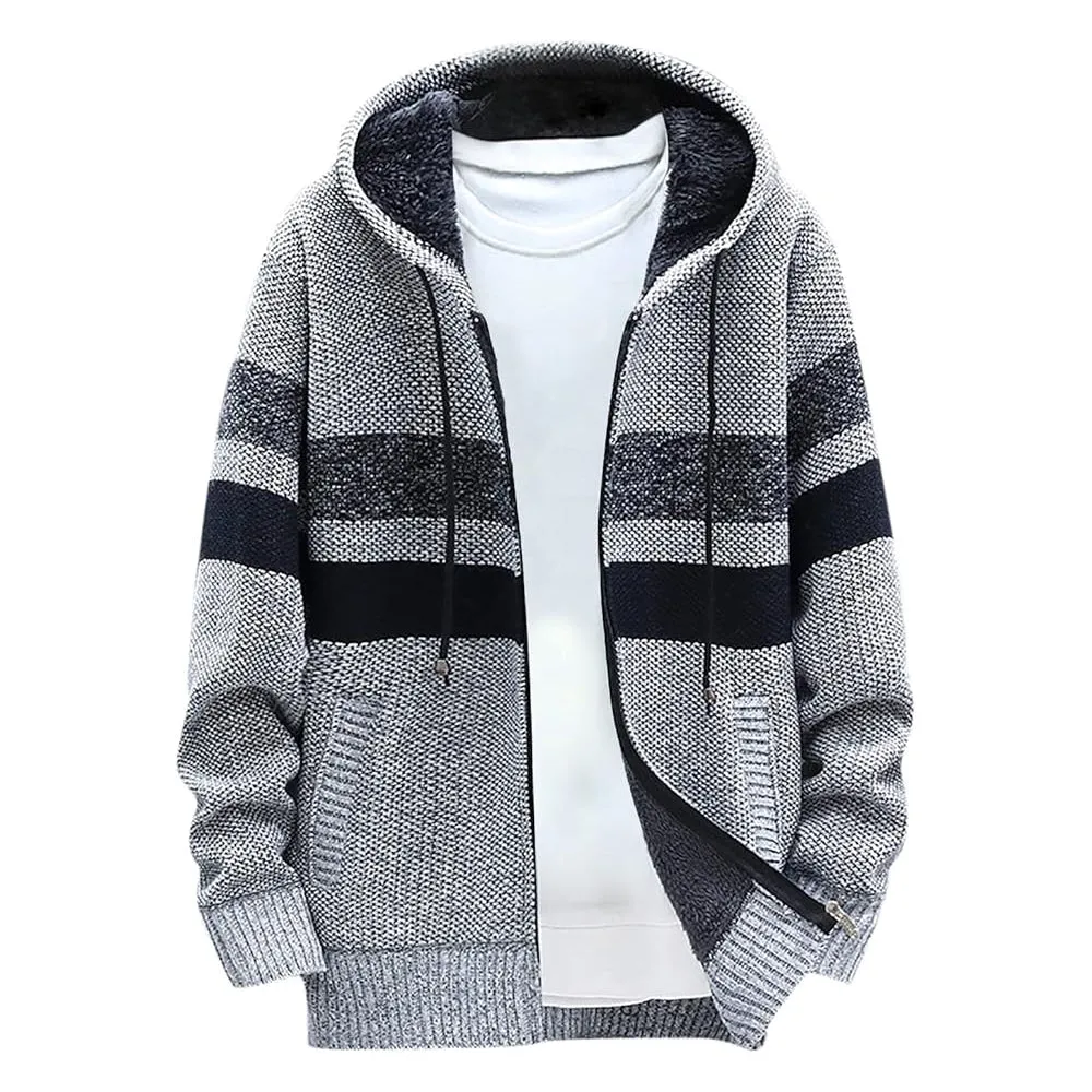 Men's Fleece Thickened Hooded Knitted Sweater Zip Up Cardigan