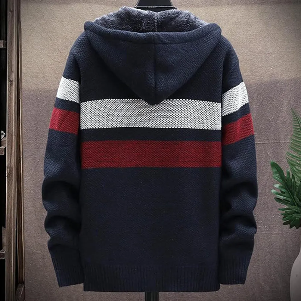 Men's Fleece Thickened Hooded Knitted Sweater Zip Up Cardigan