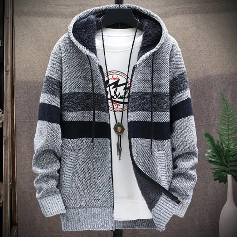 Men's Fleece Thickened Hooded Knitted Sweater Zip Up Cardigan
