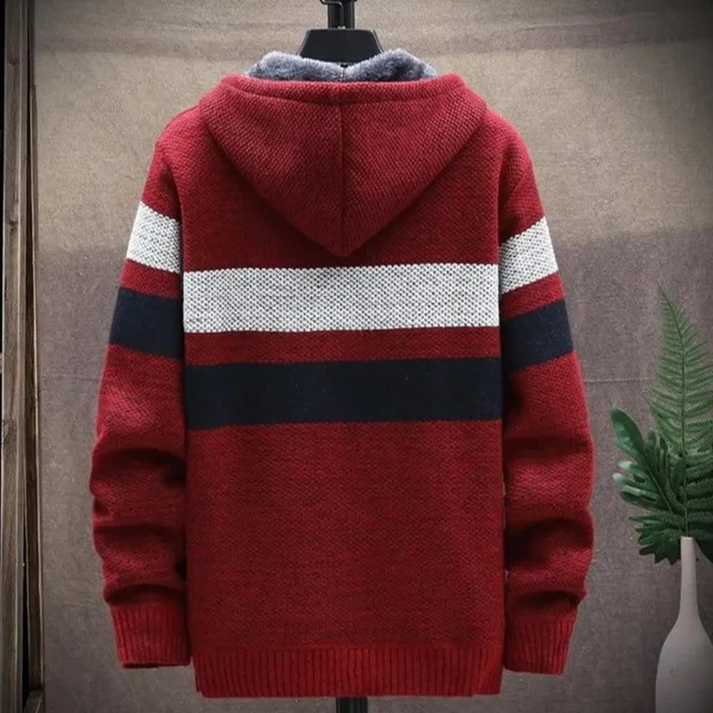 Men's Fleece Thickened Hooded Knitted Sweater Zip Up Cardigan