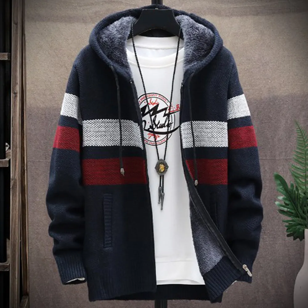 Men's Fleece Thickened Hooded Knitted Sweater Zip Up Cardigan