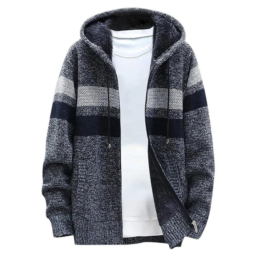 Men's Fleece Thickened Hooded Knitted Sweater Zip Up Cardigan