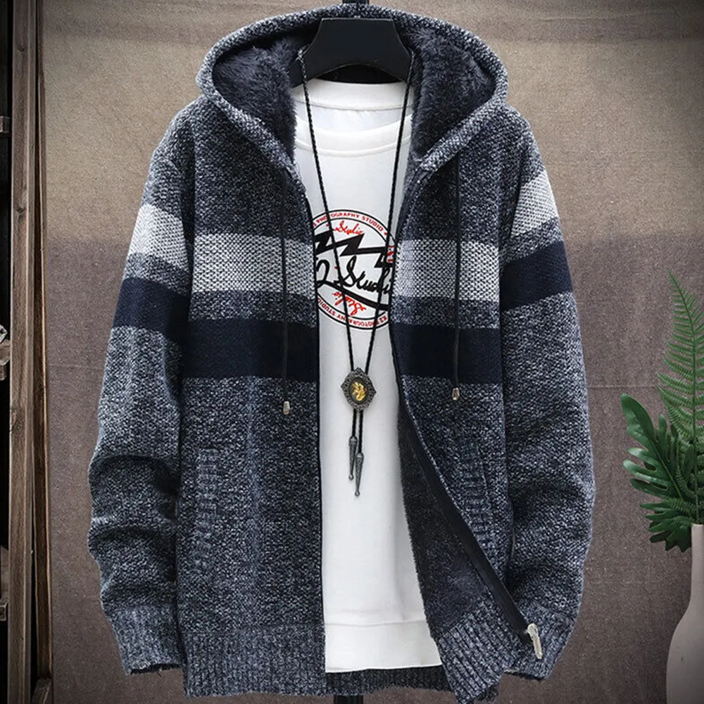 Men's Fleece Thickened Hooded Knitted Sweater Zip Up Cardigan