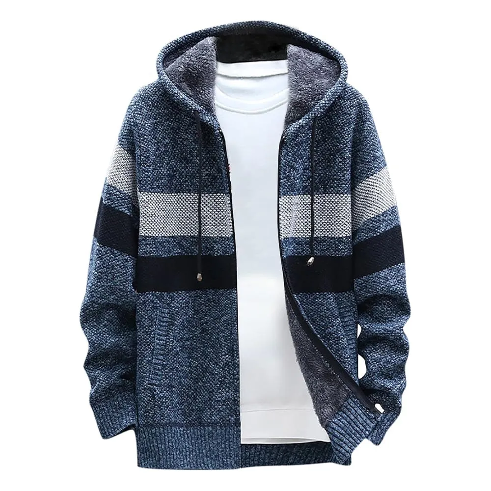 Men's Fleece Thickened Hooded Knitted Sweater Zip Up Cardigan