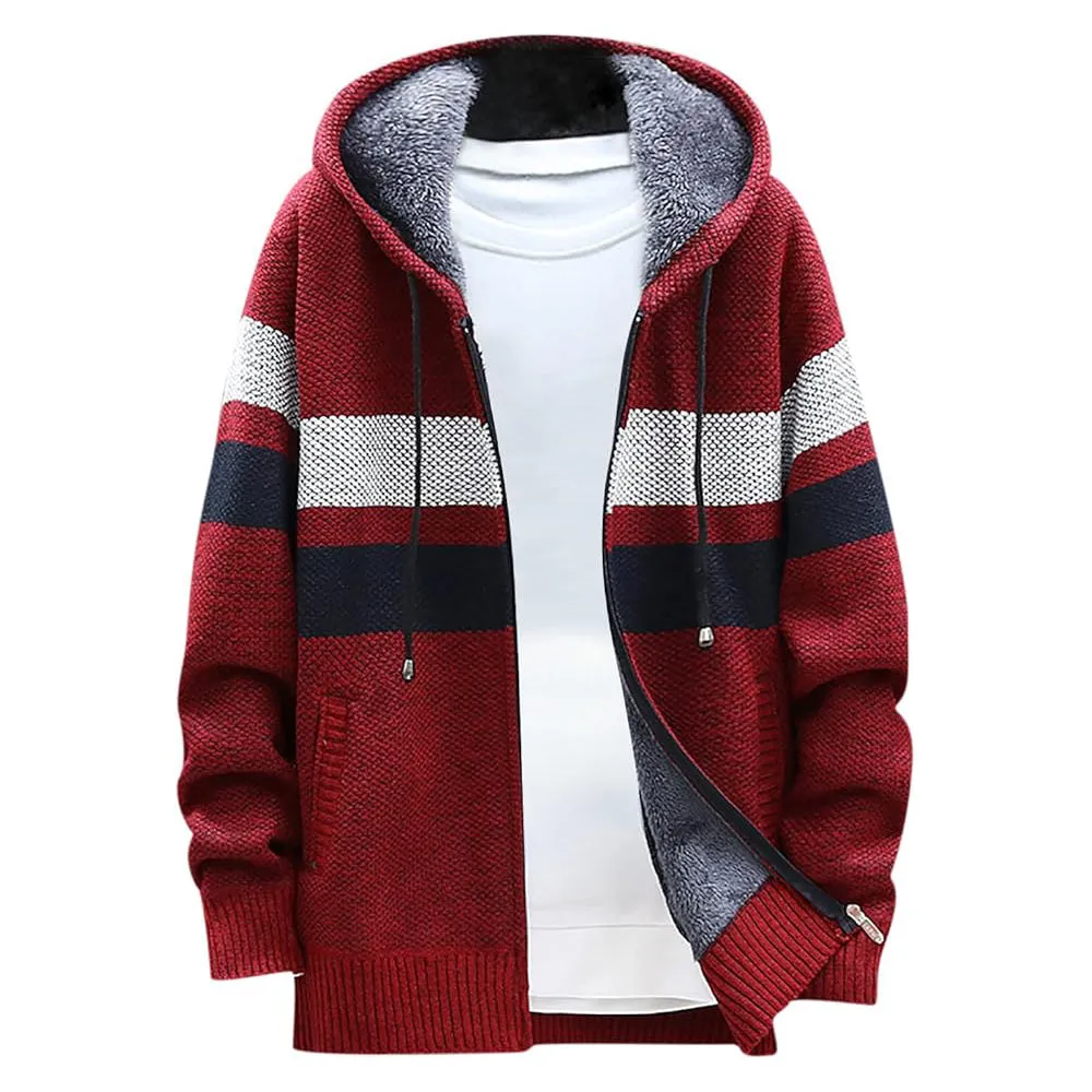 Men's Fleece Thickened Hooded Knitted Sweater Zip Up Cardigan