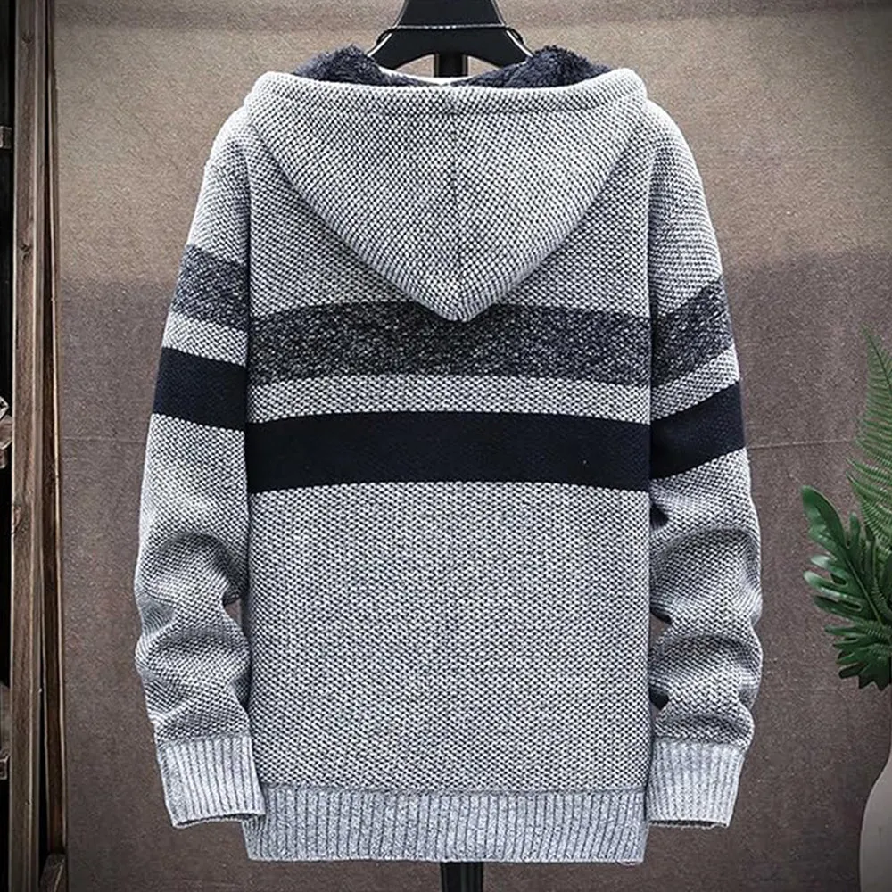 Men's Fleece Thickened Hooded Knitted Sweater Zip Up Cardigan