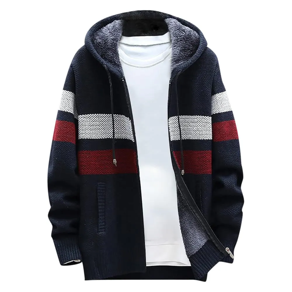 Men's Fleece Thickened Hooded Knitted Sweater Zip Up Cardigan